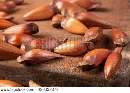 Pinhão, Pinion, Pine Fruit, Brazilian Araucaria Tree, On Rustic Wood, Selective Focus.