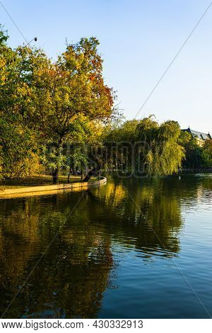 Vivid Green Landscape Near The Lake In Cismigiu Garden (gradina Cismigiu), A Public Park In The City