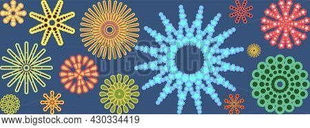 Festive Background. Seamless Picture. Bright Flashes Of Fireworks In A Symbolic Style. Horizontal. S