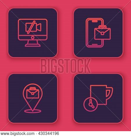Set Line Video Camera Off On Computer, Online Working, Freelancer And Time Management. Blue Square B