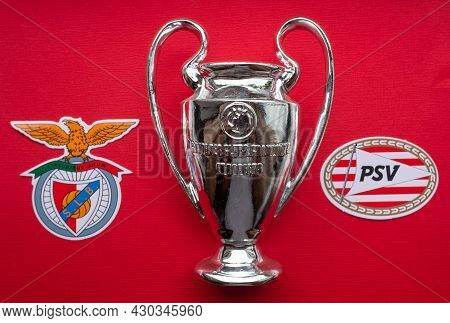 8 August 2021 Lisbon, Portugal. The Emblems Of The Psv Eindhoven And S.l. Benfica Lisbon And The Uef