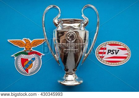 8 August 2021 Lisbon, Portugal. The Emblems Of The Psv Eindhoven And S.l. Benfica Lisbon And The Uef