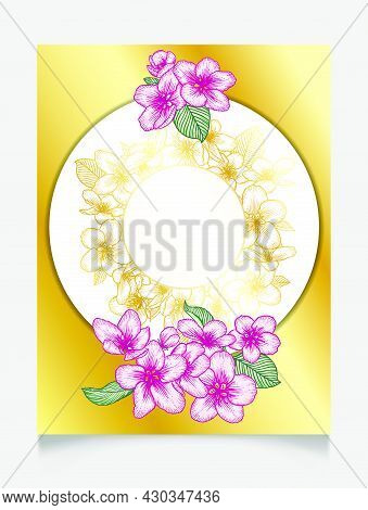 Floral Botanical Golden Wedding Invitation Elegant Card Template With Apple Flowers. Romantic Rond F