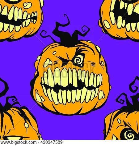 Smiling Pumpkin муctor Halloween Seamless Pattern. Design Background For Party Poster. Hand Drawn Ca