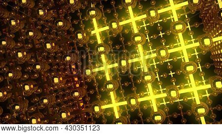 Bright Space Gate With 3d Render Laser Cross Emitters. Geometric Lines With Fractal Capacitors And C