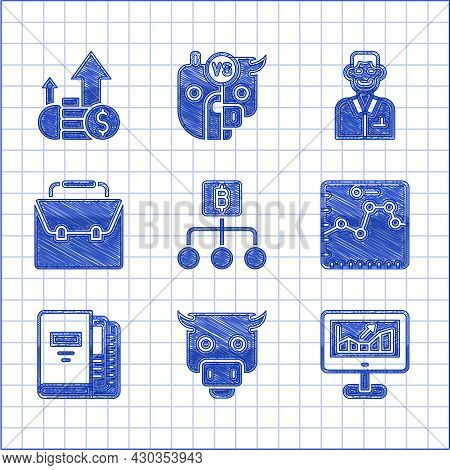 Set Blockchain Technology Bitcoin, Bull Market, Computer With Growth Graph, Browser, Office Folders,