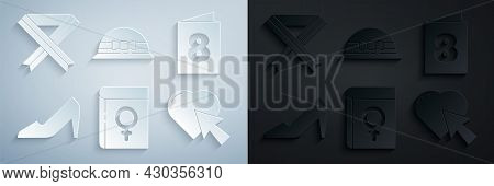 Set Book About Women, Greeting Card With 8 March, Woman Shoe, Heart And Cursor Click, Elegant Hat An
