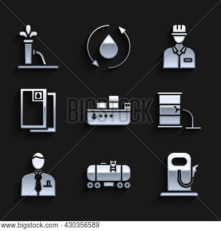 Set Oil Tanker Ship, Railway Cistern, Petrol Or Gas Station, Barrel Oil Leak, Businessman Stock Mark