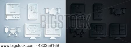 Set Bot, Drone Flying With Action Camera, Computer Monitor Screen, And 3d Printer Icon. Vector