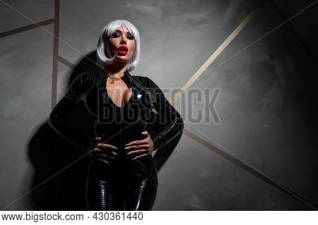 Sexy Woman In A Blonde Wig And Latex Catsuit. Role-playing Games
