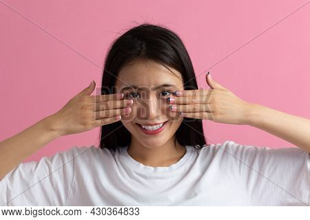 Close Up Portrait Of Young Asian Korean Woman Touch Her Face Skin And Eyes Gymnastics Yoga Facial Ma