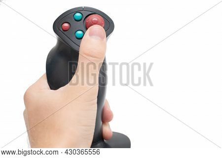 Gaming Joystick For Flight Simulator In Hand On White Background