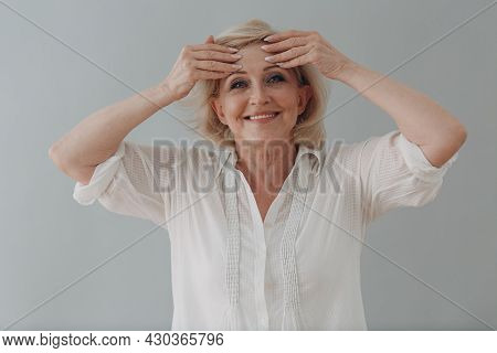Elderly Caucasian Old Aged Woman Gray Haired Portrait Doing Facebuilding Yoga Face Gymnastics Yoga S