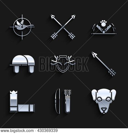 Set Deer Antlers On Shield, Bow And Arrow In Quiver, Hunting Dog, Hipster, Cartridges, Hunter Hat, T