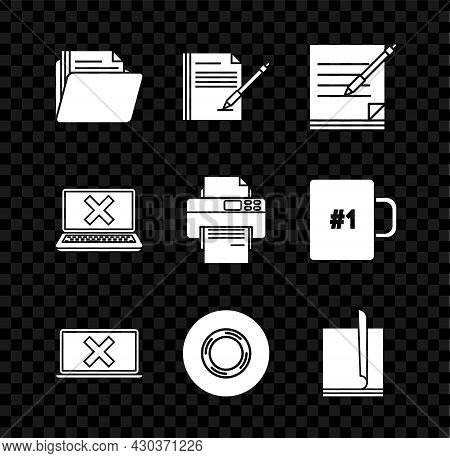 Set Document Folder, Blank Notebook And Pen, Laptop Cross Mark On Screen, Scotch, File Document, And