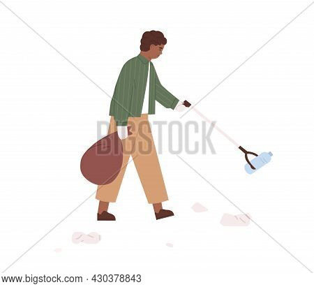 Child Picking Up Plastic Garbage With Litter Stick. Kid Collecting Rubbish Into Trash Bag. Eco Volun