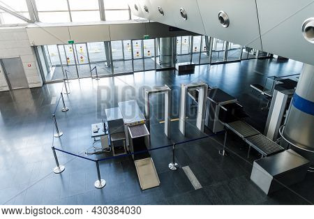 Isolation Mode In Moscow, Covid Pandemic And Night View Of The Empty Terminal Of The International A