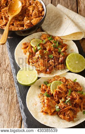 Chilorio Is A Pork Dish From The Mexican State Of Sinaloa Served With Tortilla And Lime Closeup In T