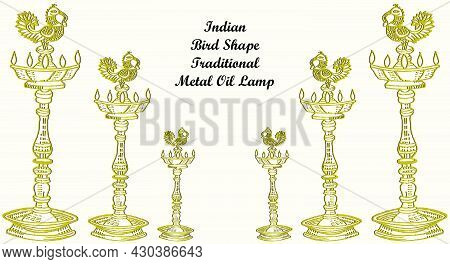 Sketch Of Traditional Metal Oil Lamp Or Nilavilakku With Top Bird Design Outline Editable Illustrati