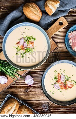 Demikat, Classic Slovakian Creamy Sheep Cheese Soup Topped With Roasted Bacon And Fresh Chives