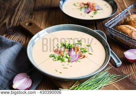 Demikat, Classic Slovakian Creamy Sheep Cheese Soup Topped With Roasted Bacon And Fresh Chives