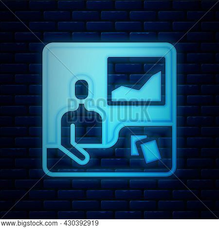 Glowing Neon Trading Courses Icon Isolated On Brick Wall Background. Distance Learning Finance Manag