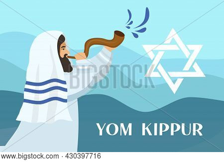 Rabbi With A Tallit, Jew Blowing A Shofar On The Horn Of A Ram On The Day Of Rosh Hashanah And Yom K