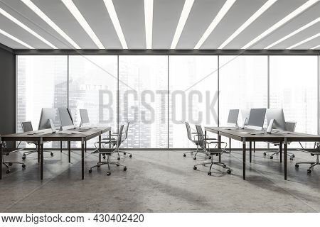 White Ceiling, Led Linear Lighting And Concrete Flooring Tied Up In The Panoramic Grey Interior With
