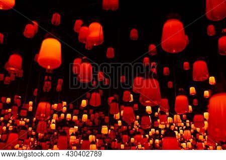Odaiba, Tokyo, Japan - January 02, 2020: Beautiful projector and reflecting light effect art digital at EPSON teamLab Borderless.