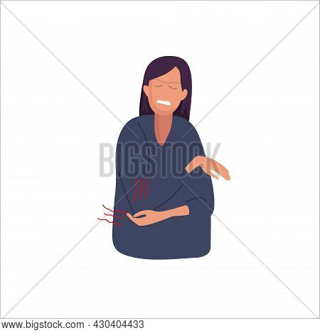 Elbow Pain. Woman Hit Her Elbow And Is In Unbearable Pain. Girl Holding Elbow. Character With Hand T