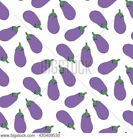 Seamless Pattern With Yammy Eggplant On White Background. Vector Image.