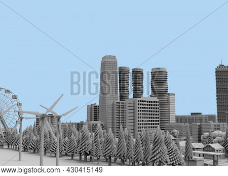 Black And White City On Bloe Background 3d-rendering