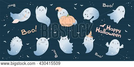 Cute Ghost Character Vector Halloween Set. Ghosts With Pumpkins And Hats And Broom. Magical Vampire 