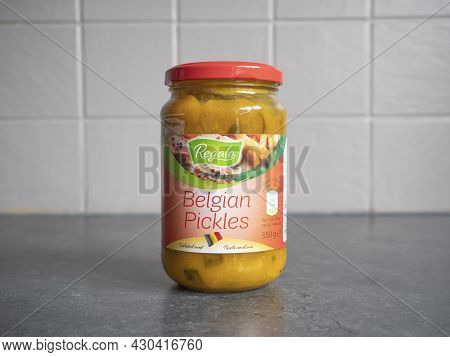 Sint Gillis Waas, Belgium, 20 August 2021, A Glass Jar Of Belgian Pickles With The Brand Name Regalo