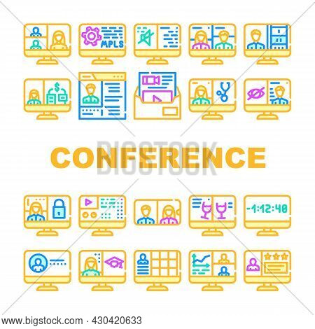 Video Conference Communication Icons Set Vector. Business Video Conference And Consultation With Doc