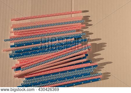 Top View On Straws For Gender Reveal Party, Birth Child Baby Shower Concept Boy Or Girl. He Or She