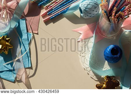Decor With For Gender Reveal Party, Birth Child Baby Shower Concept Boy Or Girl, Top View.