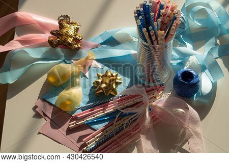 Decor For Gender Reveal Party, Birth Child Baby Shower Concept Boy Or Girl, Top View.