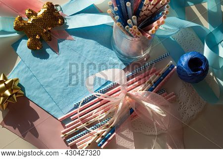 Decor For Gender Reveal Party, Birth Child Baby Shower Concept Boy Or Girl, Top View.