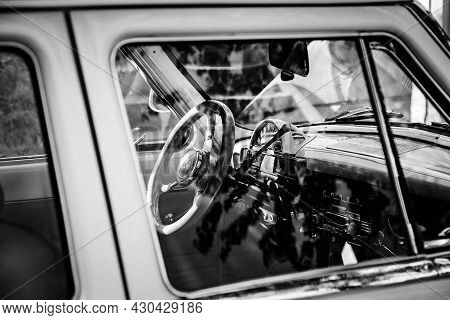 Moscow, Russia - May 30, 2021: Legendary Car Gaz-21 Volga In Open Air. Interior Of Rare Car With Shi