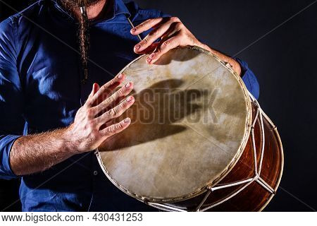 Closeup Drummer Male Hands With Jembe. Man Is Drumming On Wooden Ethnic Drum. Percussion Musical Ins