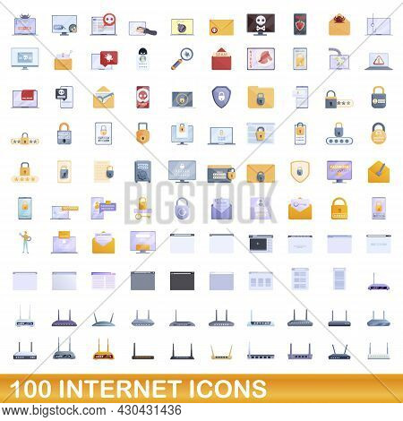100 Internet Icons Set. Cartoon Illustration Of 100 Internet Icons Vector Set Isolated On White Back