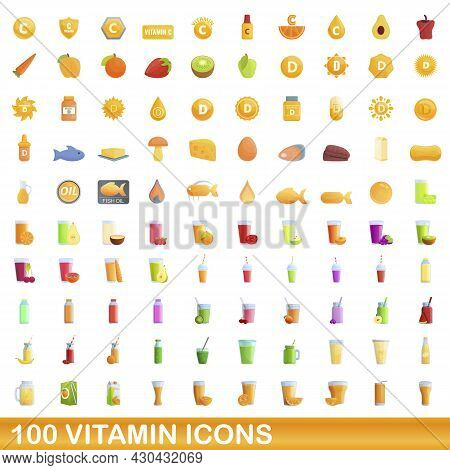 100 Vitamin Icons Set. Cartoon Illustration Of 100 Vitamin Icons Vector Set Isolated On White Backgr
