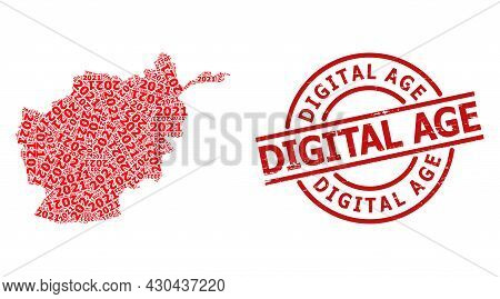 Distress Digital Age Badge, And 2021 Year Digits Collage Of Afghanistan Map. Red Round Badge Contain