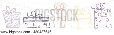 Doodles Are New Years Or Christmas Gifts, Isolated On A White Background. Silhouettes Of Wrapped Gif