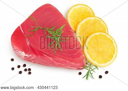 Fresh Tuna Fish Fillet Steak With Rosemary, Lemon And Peppercorns Isolated On White Background With 