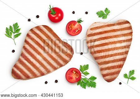 Tuna Fish Steak Grilled Isolated On White Background With Clipping Path And Full Depth Of Field, Top
