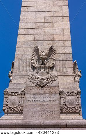 Jamestowne, Va, Usa - April 1, 2013: Historic Site. Closeup Of 1st Side Of Tencentennial Monument Of
