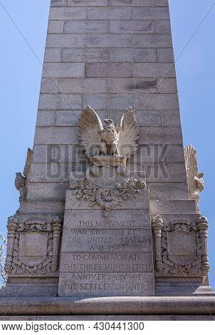 Jamestowne, Va, Usa - April 1, 2013: Historic Site. Closeup Of Second Side Of Tencentennial Monument