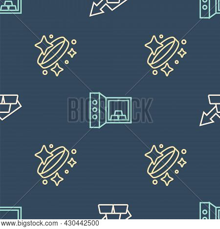 Set Line Growth Arrow With Gold Bars, Gold Ring And Safe On Seamless Pattern. Vector
